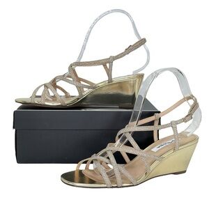 Nina Bibiana Gold Glitter Strappy Womens Wedge Sandals Size 8.5M